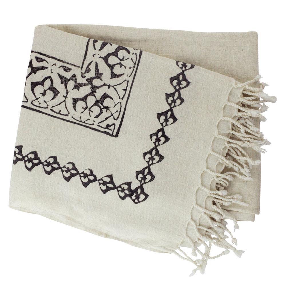 Hamamtuch XXL Alina ornamental - handbedruckt und handgewebt - naturweiß mit schwarz