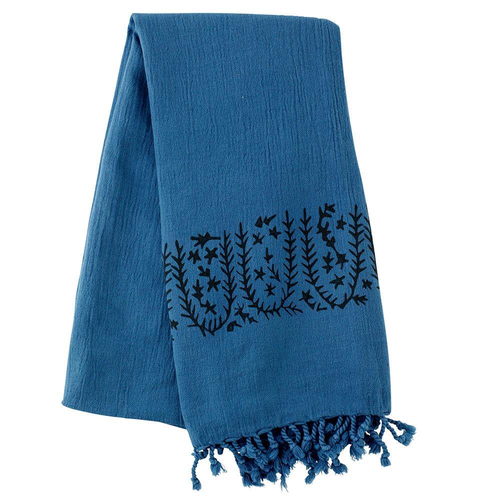 Hamamtuch Alina floral - petrolblau mit schwarz - handbedruckt und handgewebt